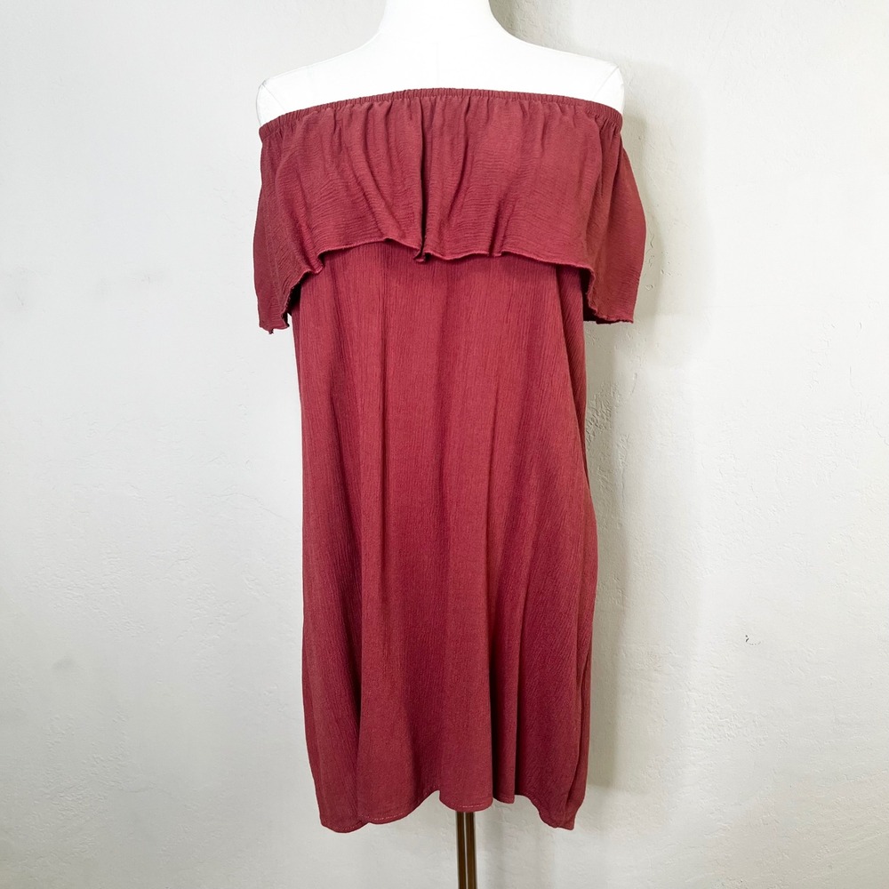 POETRY Off The Shoulder Ruffle Gauze Mini Dress Pink Red Textured Smocked XS?